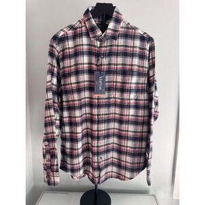 NWT Visitor Premium Mens Pink Navy Plaid Flannel Button Down Shirt Size M